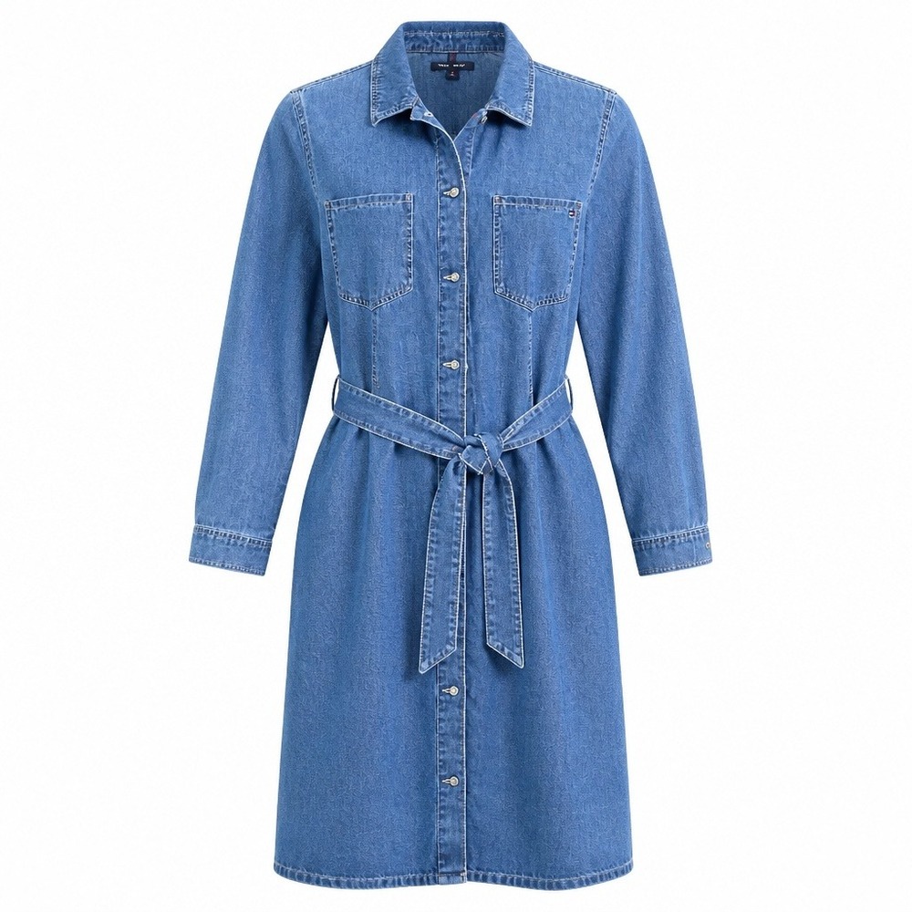 Tommy Hilfiger Denim Shirt Dress Womens 12 Blue Excellent Belted Button Front